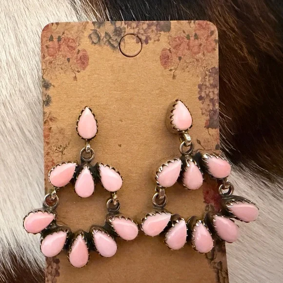 ❤️ Queen Pink Conch Navajo Style Statement 925 Dangle Chandelier Earrings 20.4Gm - Picture 7 of 12